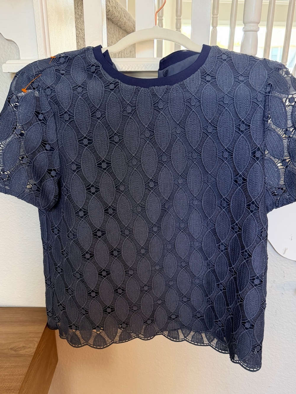 Mango Navy Lace Overlay Short Sleeve Top